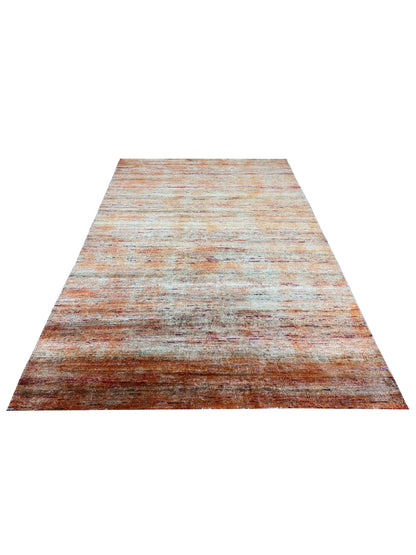 Orange Pure Sari Silk Textured Modern Handknotted Area Rug 5.10x9.0ft 178x274Cms