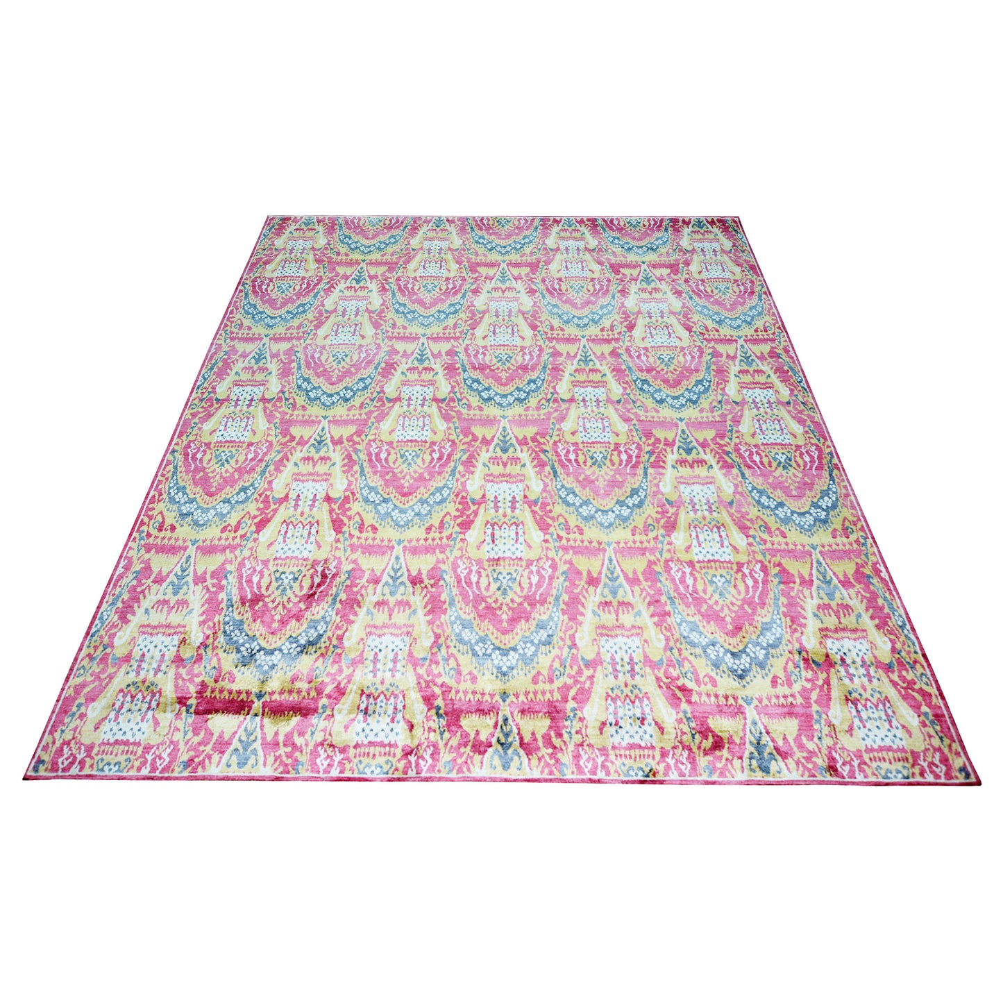 Ikat Red, Pink, Grey and Gold Transitional Pure Silk Handknotted Area Rug