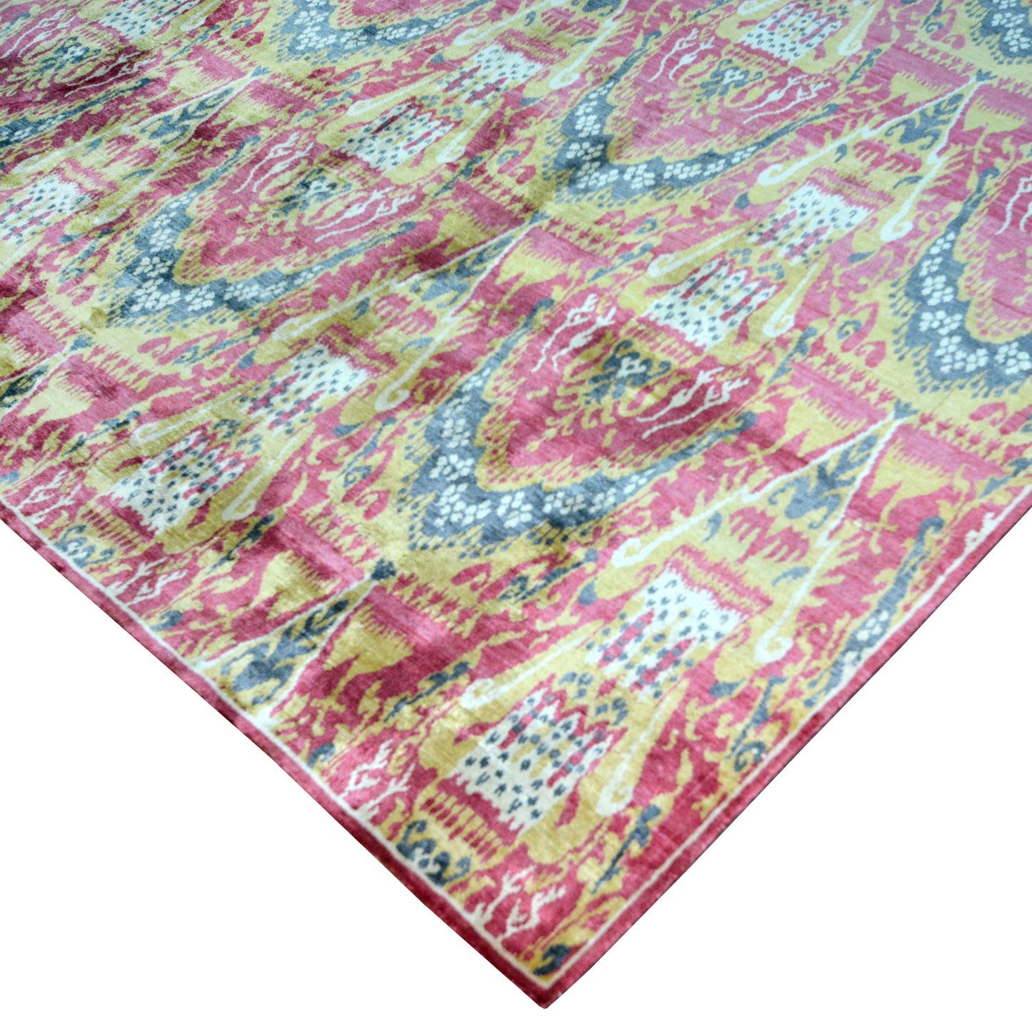 Ikat Red, Pink, Grey and Gold Transitional Pure Silk Handknotted Area Rug