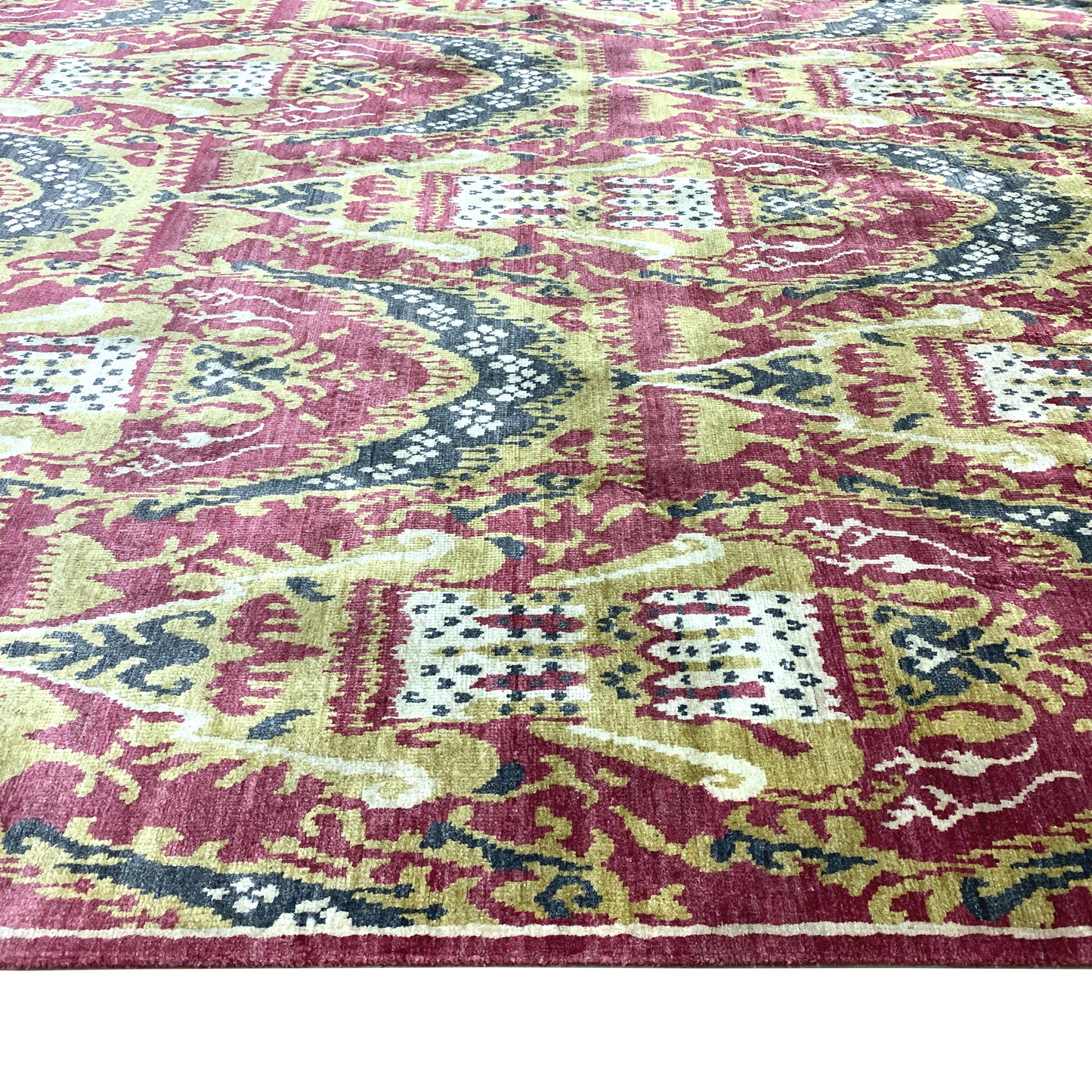 Ikat Red, Pink, Grey and Gold Transitional Pure Silk Handknotted Area Rug