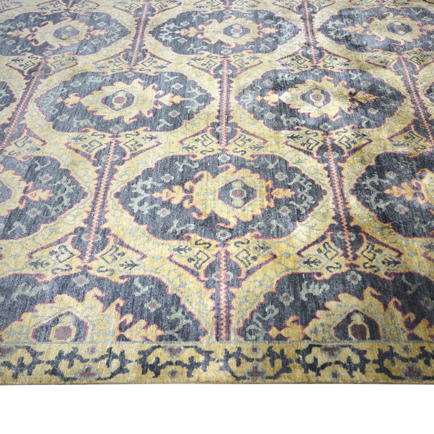 Charcoal, Gold and Ivory Transitional Damask Pure Silk Handknotted Area Rug