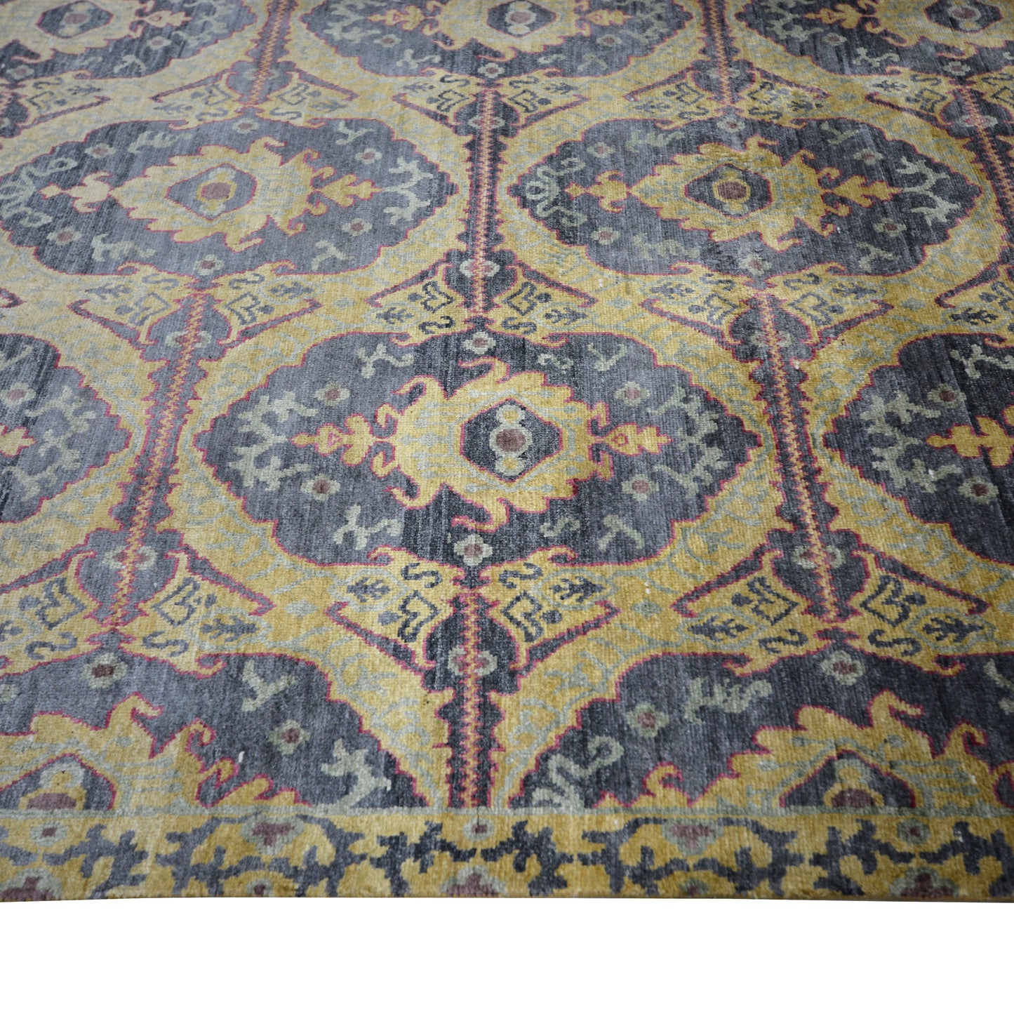 Charcoal and Gold Pure Silk Transitional Handknotted Area Rug