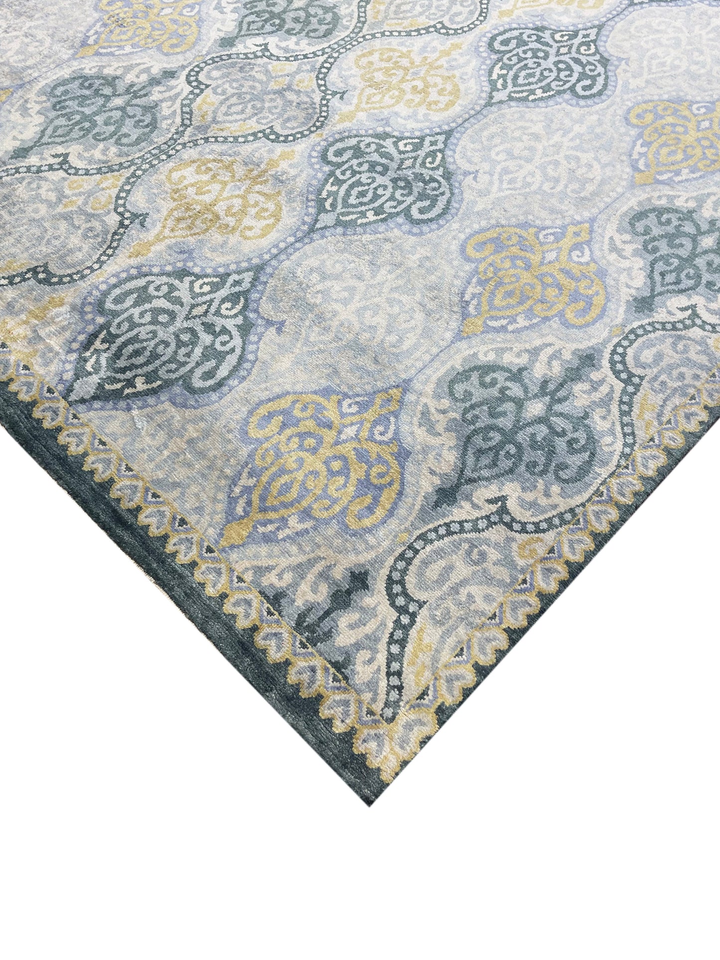 Wazeer Blue and Grey Pure Silk Transitional Damask Handknotted Area Rug