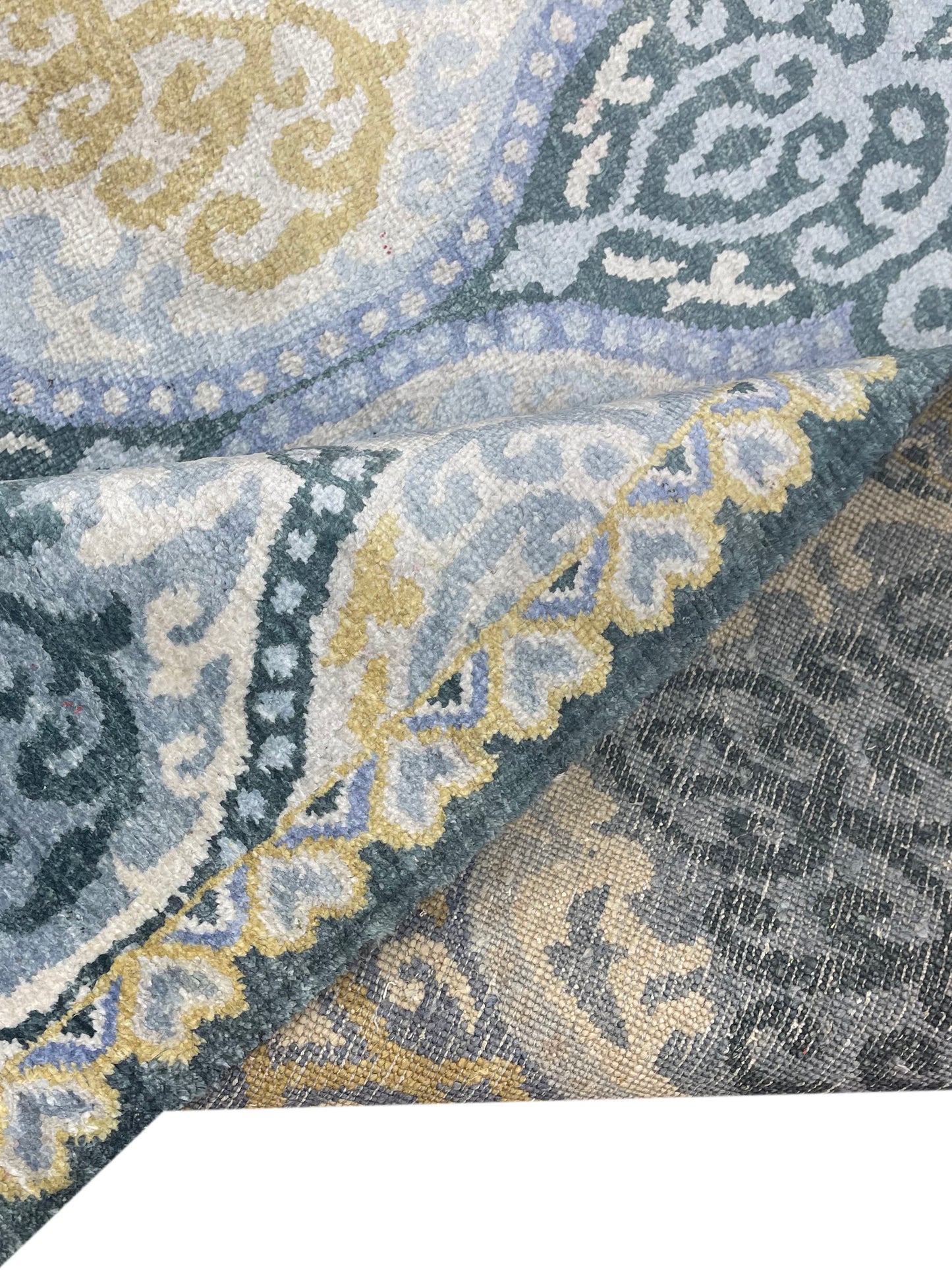 Wazeer Blue and Grey Pure Silk Transitional Damask Handknotted Area Rug