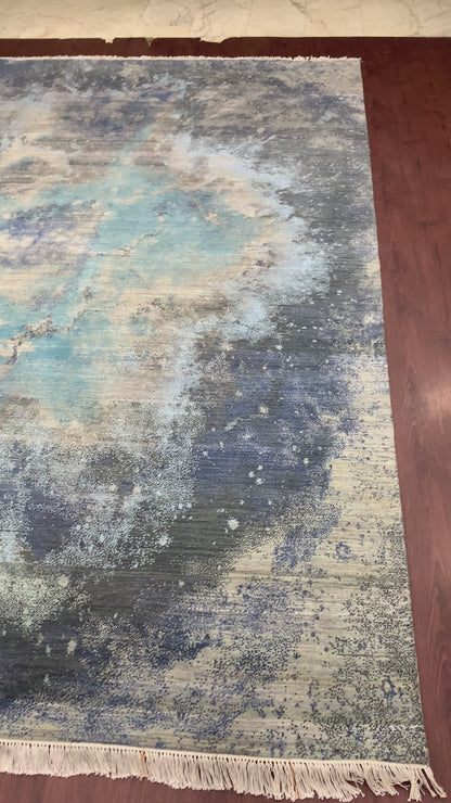 Grey, Blue and Charcoal Pure Wool Modern Galaxy Handknotted Area Rug