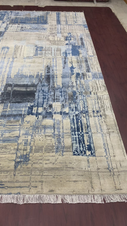 Grey, Blue and Ivory Silk ans Wool Modern Textured Handknotted Area Rug