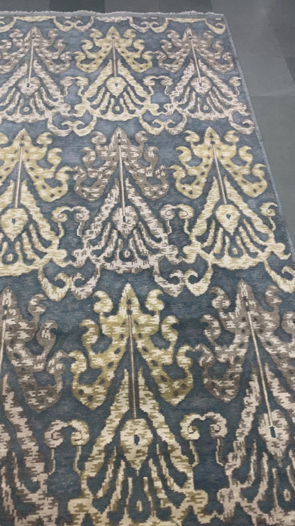 Allegra Blue, Ivory, Mustard and brown Transitional Ikat Handknotted Area Rug