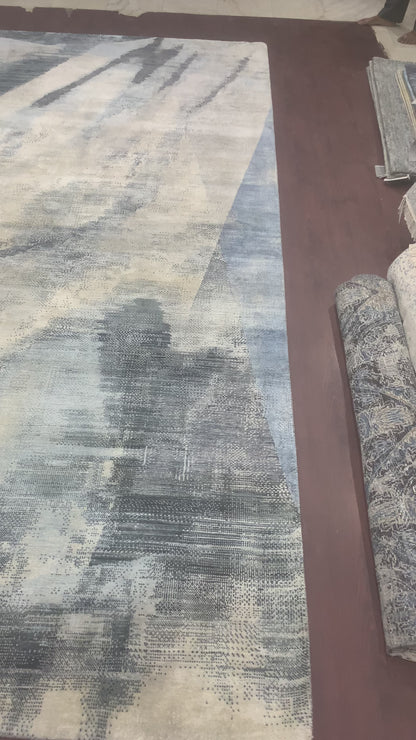 Charcoal, Blue and Grey Silk and Wool Modern Abstract Handknotted Area Rug