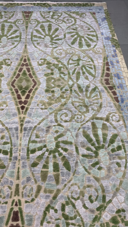 Malibu Ivory, Green and Light Blue Transitional Muzak Handknotted Area Rug