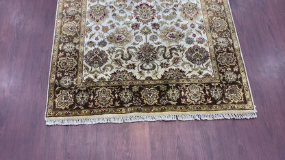 Ivory Brown Pure Silk Traditional Luxurious Handknotted Area Rug 4.0x6.1ft 122x185Cms